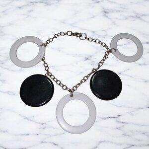 Vintage Bracelet Black & White Acrylic Circle Link With Chain Clasp Art Deco